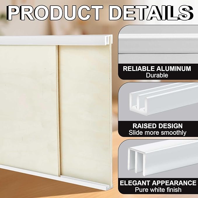 Landical 2 Set 4 Ft Long Metal Sliding Door Track Set for 1/8" Thick Panels Glass Cabinet Door Hardware System Window Sliding Track Quick Easy Installation (White)