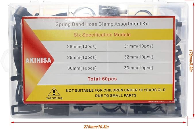 AKIHISA 60 Pcs 28-33mm Spring Hose Clamp, Spring steel 65Mn Fuel Hose Clamp, 6 sizes for Silicone Vacuum Fuel Oil Hose Line Clamps