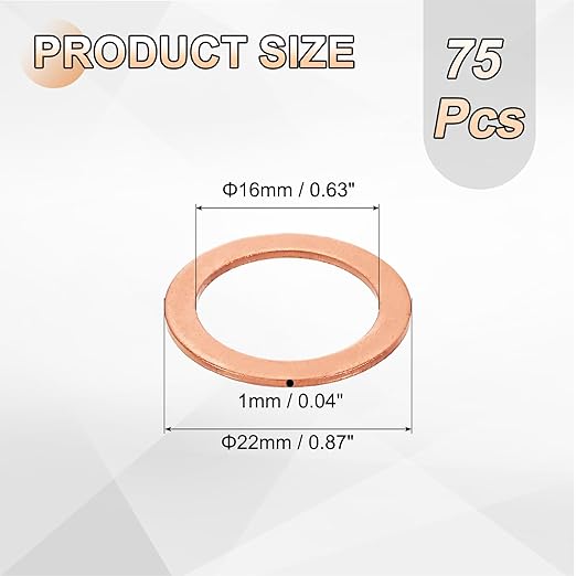 uxcell 75Pcs M16 Flat Washer Copper Washer Sealing Rings, 16mm ID 22mm OD 1mm Thickness Copper Crush Washers Metric Sealing Gasket for Plumbing Machinery Automotive