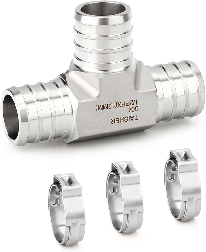 TAISHER 1PCS 304 Stainless Steel Tee Pex Fittings, 1/2" Pex Fitting With 3PCS Hose Clamp For Pex Tubing Pipe