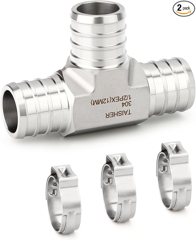 TAISHER 2PCS 304 Stainless Steel Tee Pex Fittings, 1/2" Pex Fitting With 6PCS Hose Clamp For Pex Tubing Pipe