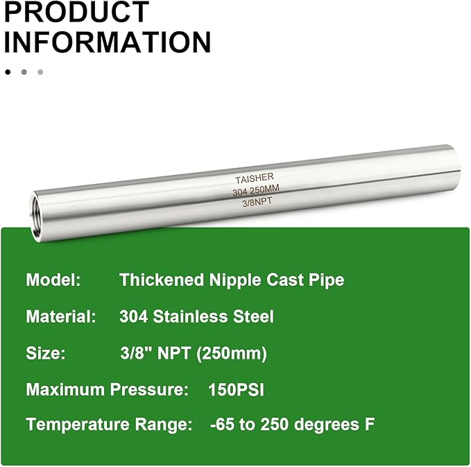 TAISHER 2PCS Stainless Steel Pipe Fittings, 3/8" NPT Female x 3/8" NPT Female Threaded, 10" Length Thickened Nipple Cast Pipe