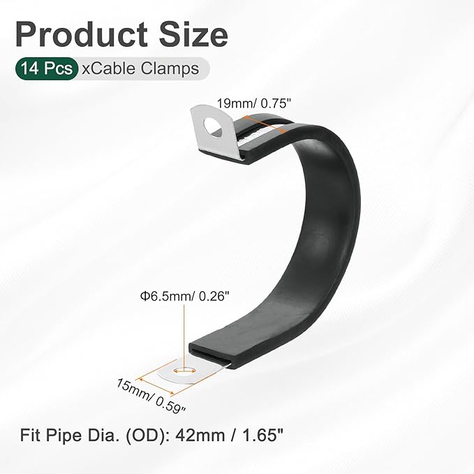 uxcell 1-5/8"(42mm) Cable Clamp, 304 Stainless Steel Rubber Cushioned Insulated Clamp R Shape Metal Clamp Tube Holder for Pipe Hose Wire Cord Installation 14Pcs