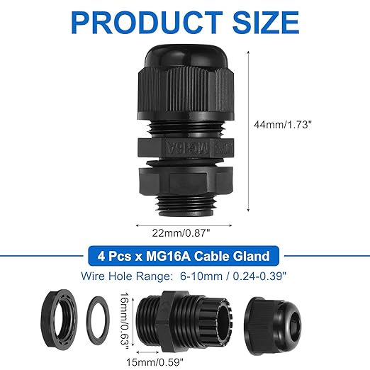 MECCANIXITY 4 Pcs M16 Cable Gland, 6-10mm Wire Hole Waterproof Nylon Joint for Cable Fixing, Wiring, Repairing, Gland Replacement, Electrical Appliances, Black