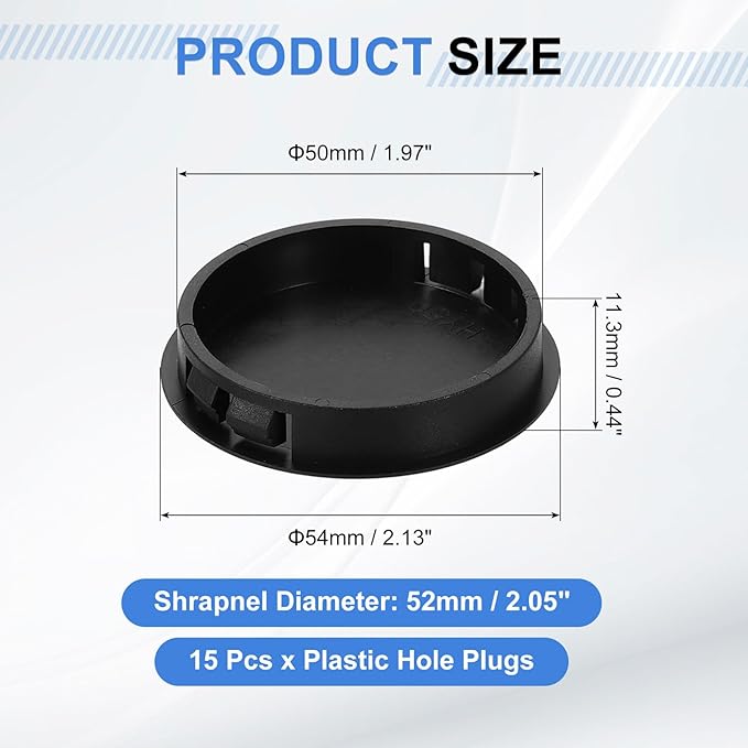 uxcell 15Pcs Plastic Hole Plugs, 50mm(2") Flush Type Panel Plugs, Round Snap Knockout Locking Plugs for Furniture Insert End Caps Panels, Black