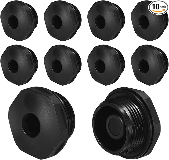 10-Pack Inner Hex Head Pipe Plug End Cap, M25x1.5mm Nylon Garden Hose Stopper Connector Plug with Sealing Ring for Terminating Pipe Ends [Black]