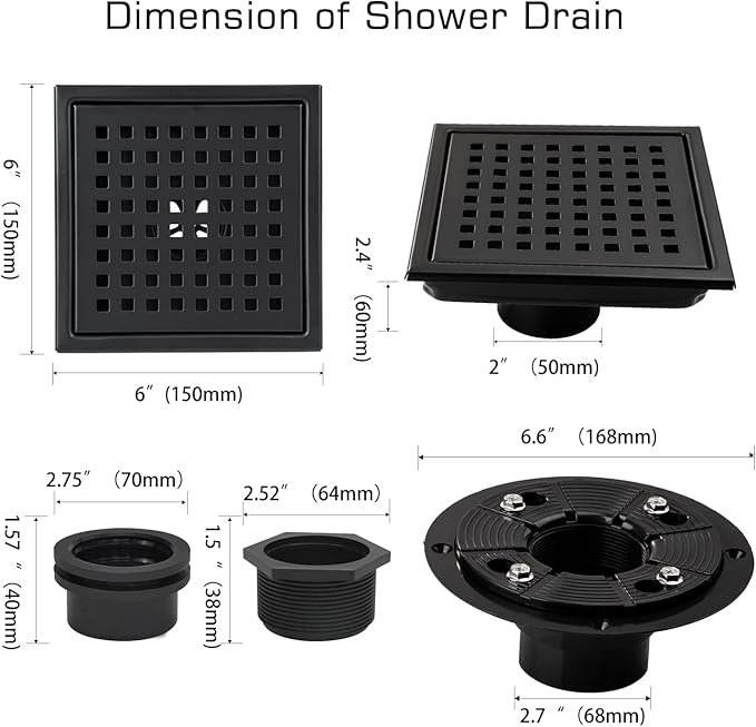 Square Shower Drain, Black Shower Drain 6 inch with Flange and Removeable Grate Cover, AISI 304 Stainless Steel Matte Black Shower Floor Drain with Hair Catcher and Flange