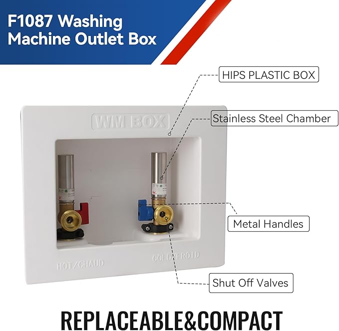 Washing Machine Outlet Box with Water Hammer Arrestor,1/2 Inch PEX F1807 Inlet Connection,3/4 Inch MHT Outlet Male Thread Connection, PEX Box with Center Drain with 1/4-Turn Ball Valve