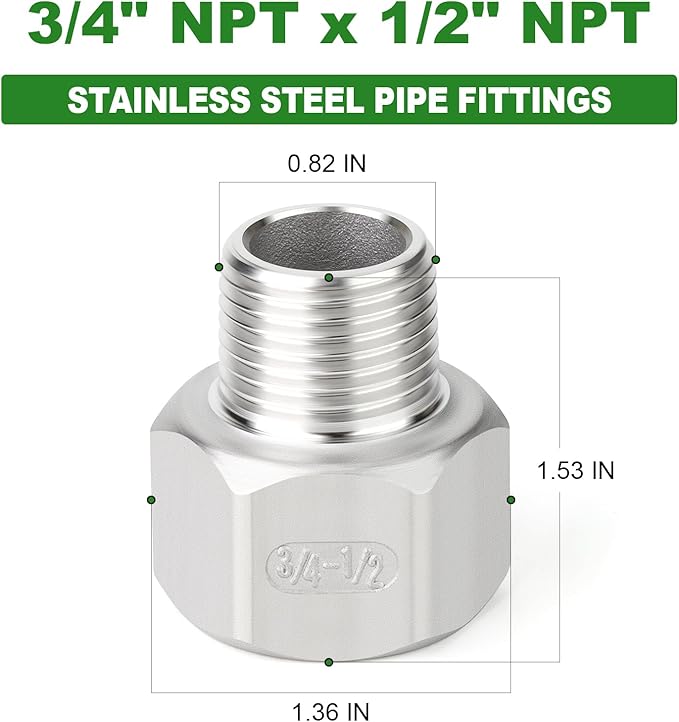 TAISHER 5PCS 304 Stainless Steel Pipe Fitting, Reducer Adapter, 1/2" NPT Male x 3/4" NPT Female