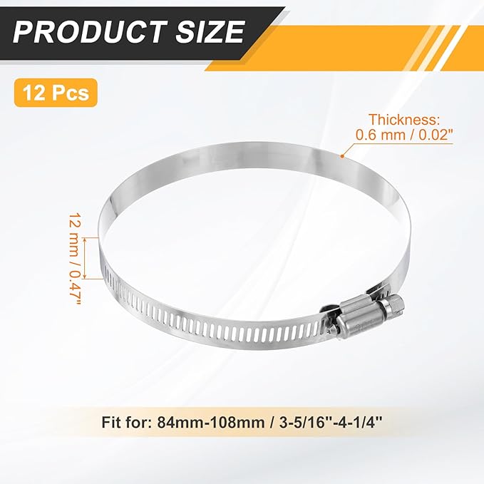 HARFINGTON 12 Pcs Hose Clamp 3-9/16"-4-1/2" (91-114mm) 304 Stainless Steel Adjustable Worm Gear Hose Clamp Assortment Kit for Fuel Line Pipe Plumbing Automotive Tube Mechanical