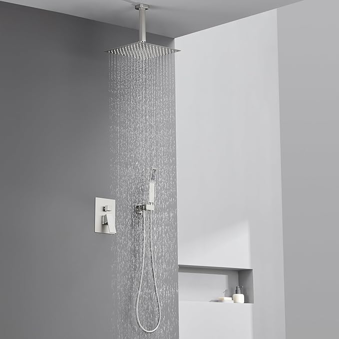 Shower System 12 Inches Rain Shower Combo Set Brushed Nickel Ceiling Mount Shower Faucet Bathroom Faucets with Rainfall Shower Head and Hand Shower