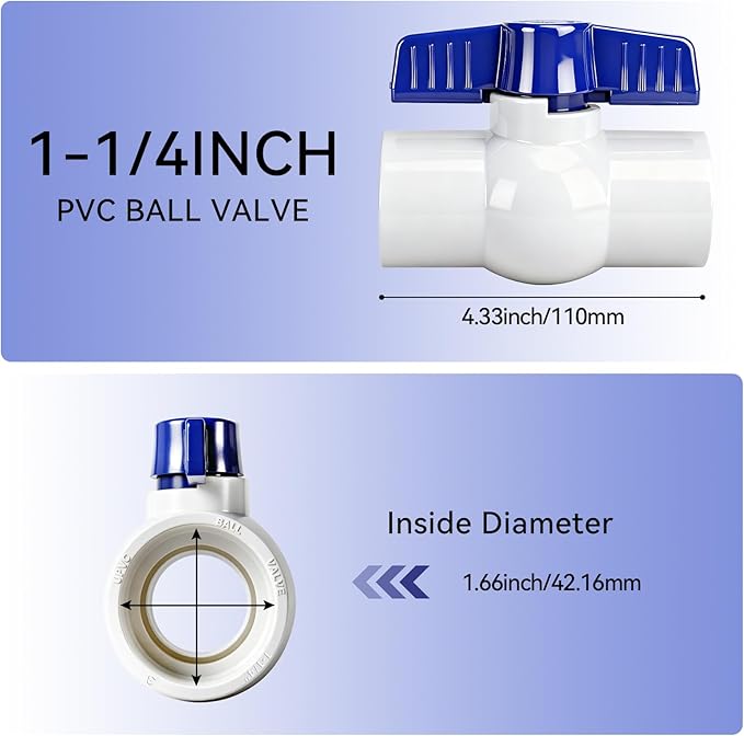 6 Pack PVC Ball Valve 1-1/4inch, PVC Water Pipe Shut Off Valve 1-1/4'' with Double Socket Full Flow Port, Schedule 40 Plastic Control Valve for Commercia, Swimming Pool, Irrigation System