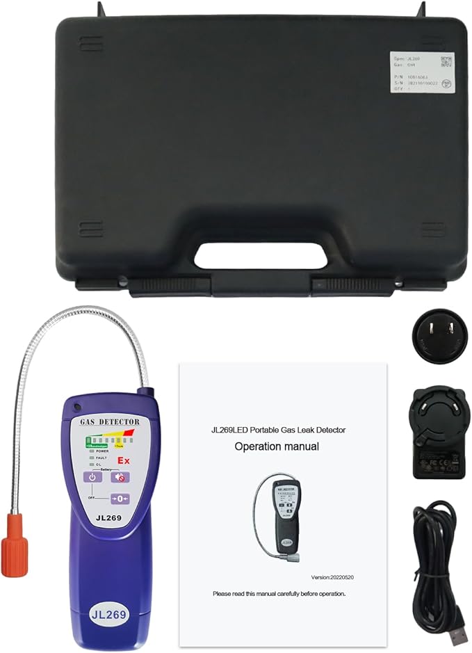 JL269 Gas Leak Detector with 13.5 Inch Flexible Probe, Rechargeable Natural Gas Detector for Methane, Propane, LPG, Hrdrogen Gas for Industrial or RV