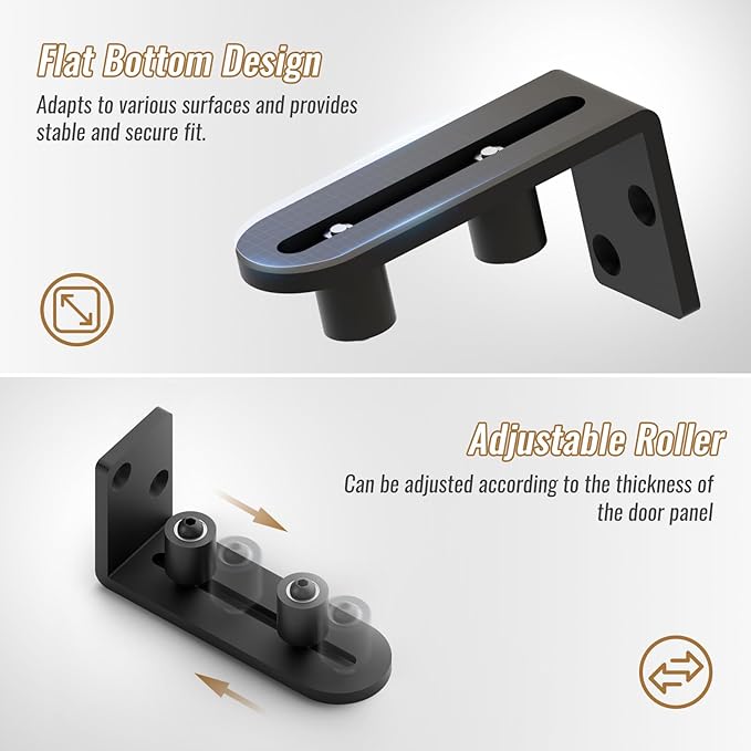 2 Pack Sliding Barn Door Bottom Floor Guide, Wall Mounted Roller Guides Ball Bearings Adjustable Stay Roller, Flat Bottom Design Style, Black