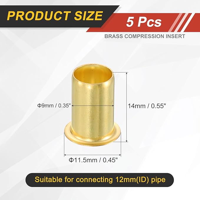 uxcell 5Pcs Fit for 9mm(3/8") Tube ID Brass Compression Fitting, Insert Tube Support Compression Sleeve Fitting, Sleeve Ferrules for Water Oil Air Pipe