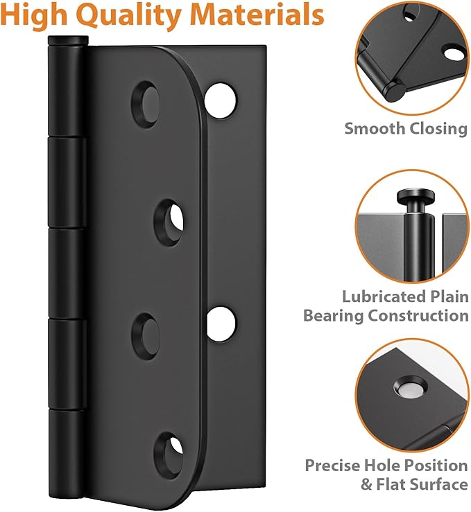 24 Pack Matte Black Door Hinges 4 Inch, Heavy Duty Exterior Hinges with Square & 5/8" Radius Corners, Removable Pin Design for Quiet Residential Front & Back Doors
