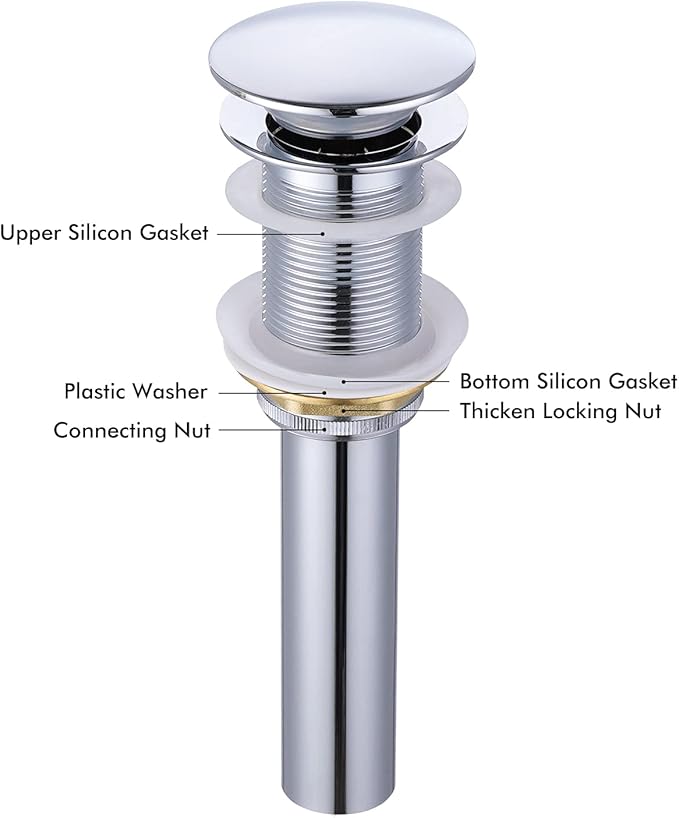 KES Bathroom Sink Drain Pop Up Drain Without Overflow Vessel Sink Vanity Stopper Polished Chrome, All Metal Rustproof Brass and 304 Stainless Steel, S2008D-CH