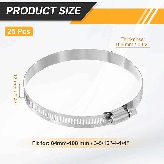 HARFINGTON 25 Pcs Hose Clamp 3-5/16"-4-1/4" (84-108mm) 304 Stainless Steel Adjustable Worm Gear Hose Clamp with Phillips Screw Assortment Kit for Fuel Line Pipe Plumbing Automotive Tube