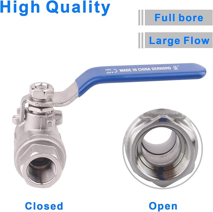 DERNORD Full Port Ball Valve Stainless Steel 304 Heavy Duty for Water, Oil, and Gas with Blue Locking Handles (3/8" NPT)