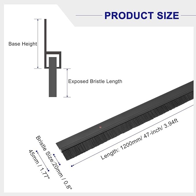 uxcell 2Pcs Door Brush Bottom Sweep H-Shape Aluminum Alloy Base with 0.8-inch PP Brush for Home, Industrial (47-inch L, Black)