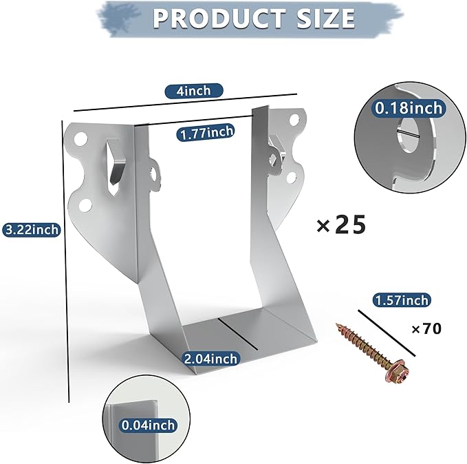 25pcs 2x4 Joist Hangers with Screws, 20-Gauge Galvanizing Face Mount Joist Hanger for Wood Posts, Hurricane Rafter Ties Clips, 2x4 Brackets for Floor Deck and Ceiling Trusses, Lumber Beam Connectors