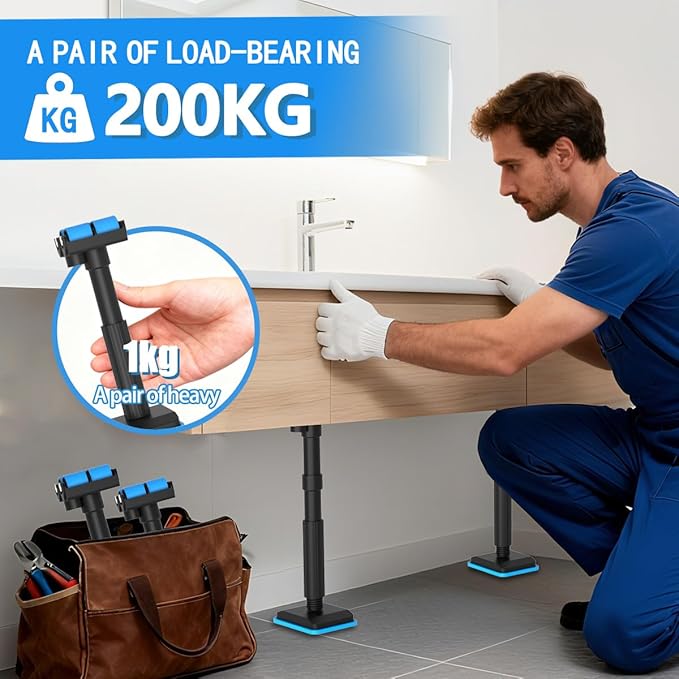 Cabinet Jacks with Horizontal Adjustment, Cabinet Lift Jack 2pk Adjustable Support Pole (7.5-17.3 in, 220 Lb), Third Hand Tool for Bathroom/Mirror Cabinet Installation Practical Furniture Lifter