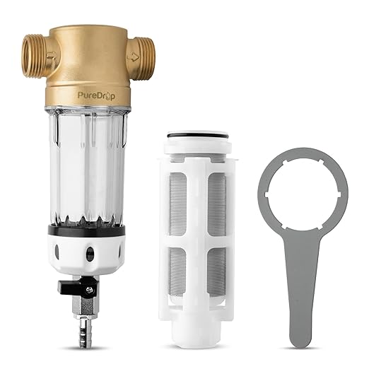 PDR-50WSP Spin Down Sediment Filter, Reusable Whole House Sediment Water Filter for Well Water, 50-Micron Flushable Prefilter Filtration System with Scraper, 1" MNPT + 3/4" FNPT