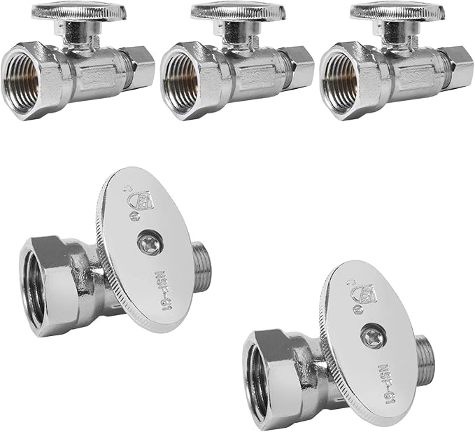 5-Pack Foskan 1/4 Turn Straight Shut off Valve,Straight Stop Valve 3/8" OD x 1/2" FIP,Chrome Plated Brass