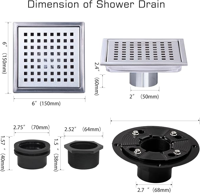 Square Shower Drain, Silver Shower Drain 6 inch with Flange and Removeable Grate Cover, AISI 304 Stainless Steel Shower Floor Drain with Hair Catcher and Flange