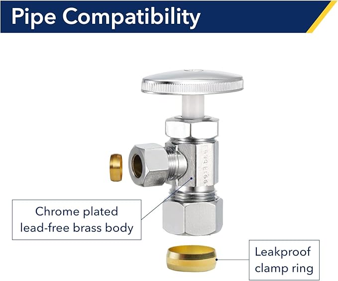 2 Pack slow turn Brass Angle Valve, Anti-Corrosion, Lead-Free, 5 Year Warranty, Easy Installation Angle Stop Valve for Plumbing, 1/2” Nominal x 3/8” Compression
