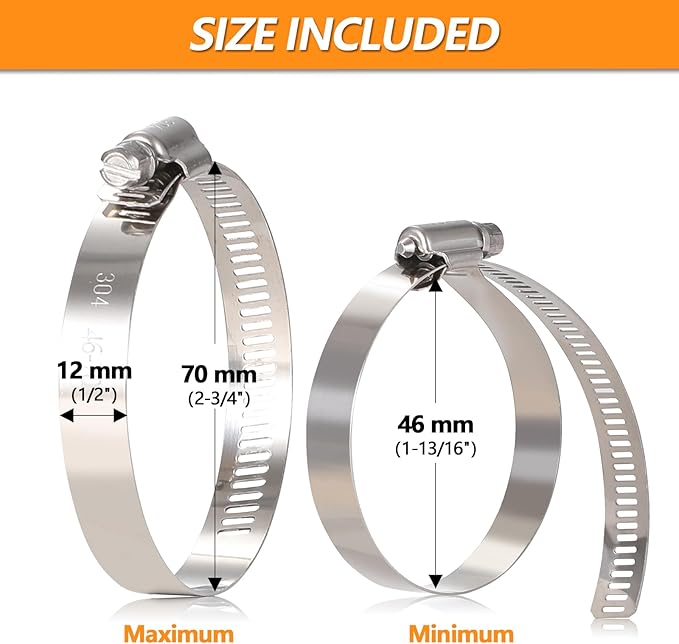 12Pack 2.5 inch Hose Clamp, Adjustable 304 Stainless Steel Duct Clamps Hose Clamp from 1-13/16"-2-3/4"/46-70mm, Metal Worm Drive Gear Duct Clamp for Air Ducting, Dryer Vent Hose, Fuel Line, Plumbing