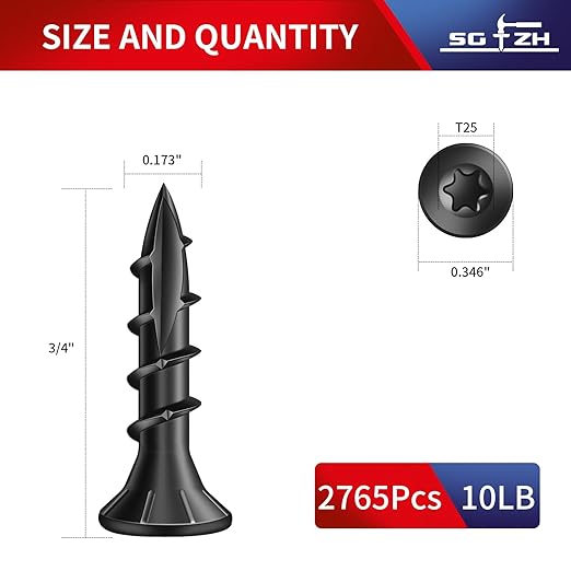 #8 x 3/4" Deck Screws (2765Pcs) 10lb. Carbon Steel, Black, Flat Head, Rust Resistant epoxy Coated, with T25 Star Bit