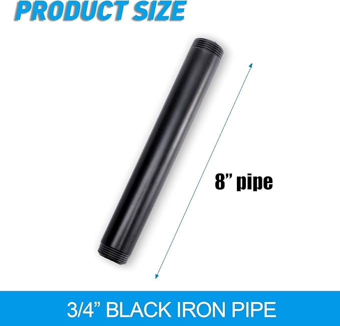 3/4" x 8" Black Painted Iron Pipe, Home TZH 10 Pack Threaded Black Paint Finish Metal Pipe Nipple for DIY Project/Furniture/Shelving Decoration(10, 8")