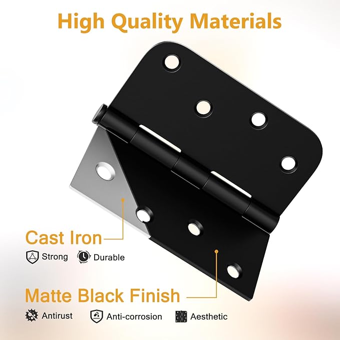 3 Pack Black Door Hinges 4 Inch, Exterior Door Hinges with Square & 5/8" Radius, Removable Pin, Perfect for Heavy-Duty Front & Back Door, Antirust & No Squeaks