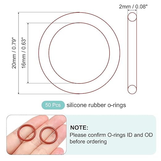 MECCANIXITY Silicone O-Ring 16mm ID 20mm OD 2mm Width Metric VMQ Sealing Gasket Replacement 50A Durometer for Plumbing Compressor Faucets Valves Repair (Red, Pack of 50)