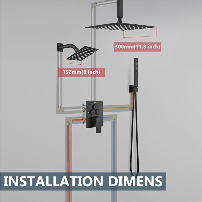 Aolemi Shower Faucet Set Ceiling Mount Shower System Rough-in Valve and Shower Trim Kit 12 and 6 Inch Dual Shower Head 2 in 1 Handheld Spray Push Button Diverter Matte Black