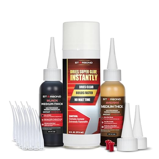 STARBOND Premium Grade Cyanoacrylate (CA) Super Glue, Black (2 oz) and Brown (2 oz) Medium-Thick Viscosity Knot Filler and Aerosol Accelerator (6 oz) Bundle for Woodworking, Woodturning, Carpentry