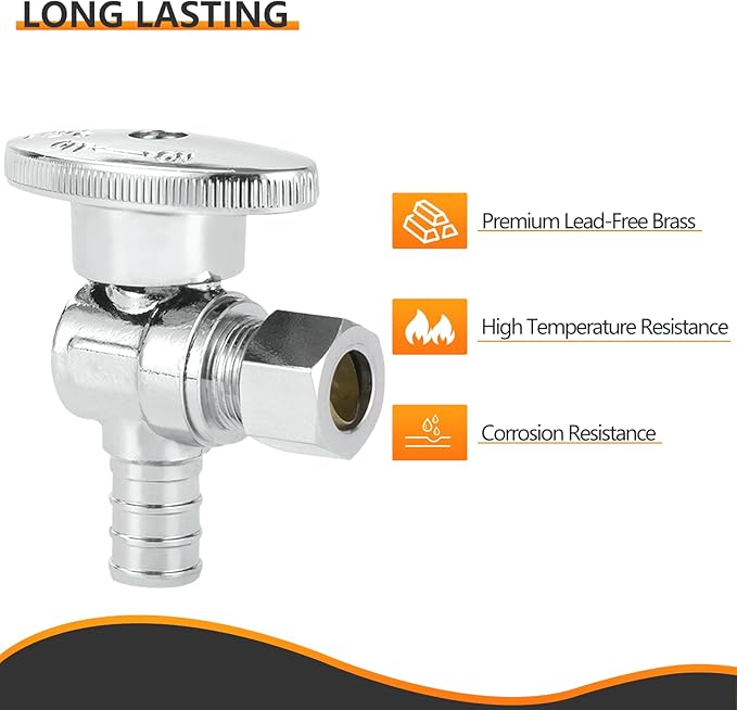 100-PCs HeSun Pex Angle Stop Valve, 1/2" Pex x 3/8" OD Compression Angle Stop, 1/4 Turn Shut Off Valve for Bathroom, ASTM F1807(VALVE076-100)