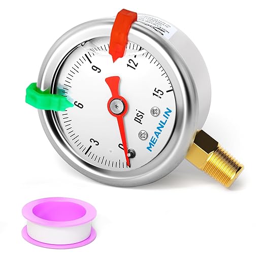 MEANLIN MEASURE 0~15Psi Pressure Gauge, Glycerin Filled 1/8" NPT 1.5" FACE DIAL, Stainless Steel Liquid Filled Pressure Gauge WOG Water Oil Air Lower Mount (with 2PCS Snaps)