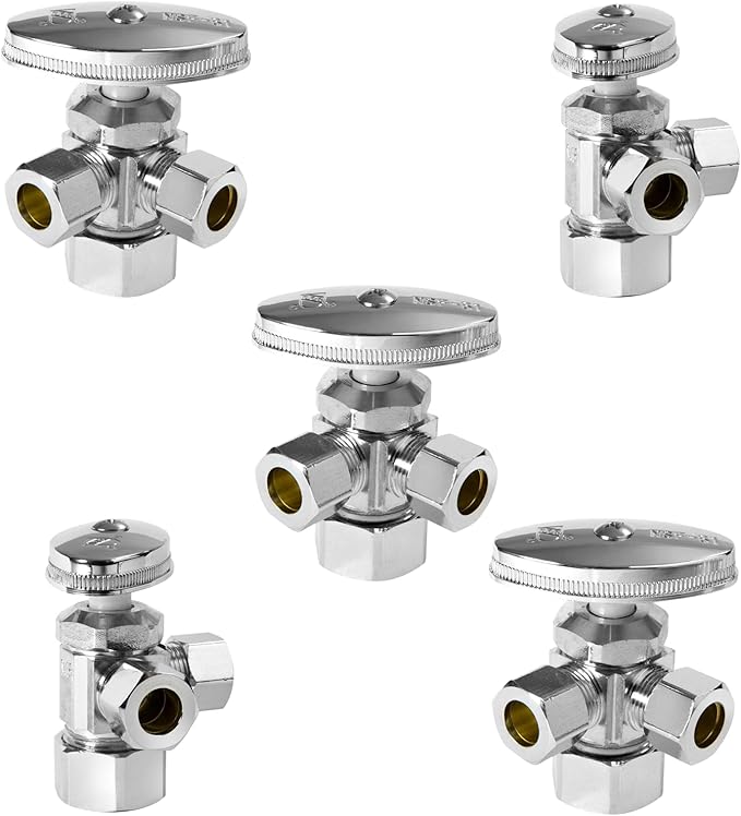 HeSun 5-PCs Pex Angle Stop Valve, 1/2" Nominal (5/8"OD) x 3/8" OD Comp, 3-Way Multi Turn Compression Angle Stop, PEX Chrome Plated Brass