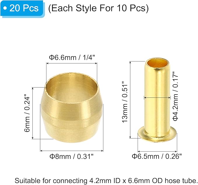 PATIKIL Brass 40 Pack Compression Sleeves Ferrules for 1/4 Inch OD Hose Tube, Brass Compression Insert Fitting Assortment Kit for Air Water Gas Pipe