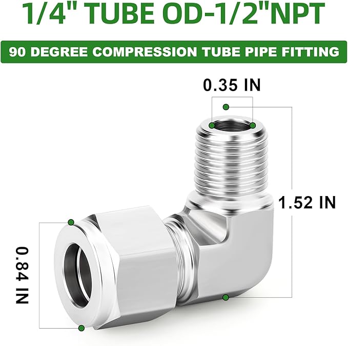 TAISHER 1PCS 316 Stainless Steel 90 Degree Compression Tube Pipe Fitting Connector, 1/4" Tube OD x 1/2" NPT Male Adapter