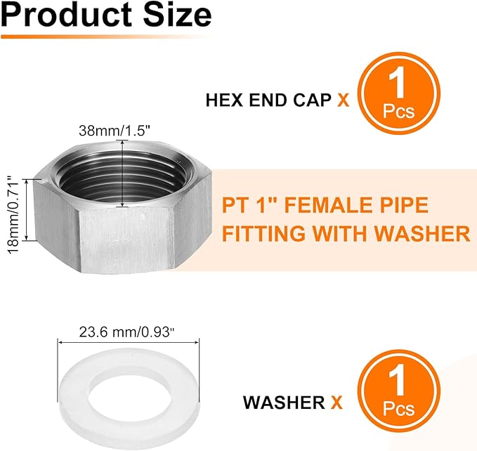 uxcell 1pcs Hex End Cap 304 Stainless Steel Nut with Washer, PT 1" Female Thread Pipe Fitting, Gas Line Water Line Stop Valve Cap Tubing Ends for Plumbing Fittings, Silver Tone