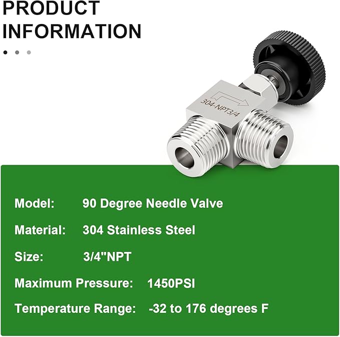 TAISHER 1PCS 304 Stainless Steel 90 Degree Needle Valve 3/4" NPT Male For Flow Control Water Gas Oil