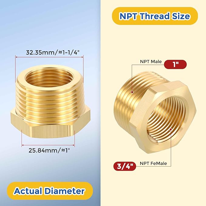 5 Packs Brass Pipe Fittings, 1" Male NPT to 3/4" FeMale NPT Brass Hex Bushing Reducer, Hose Tube Threaded Adapter for Air, Oil, LP