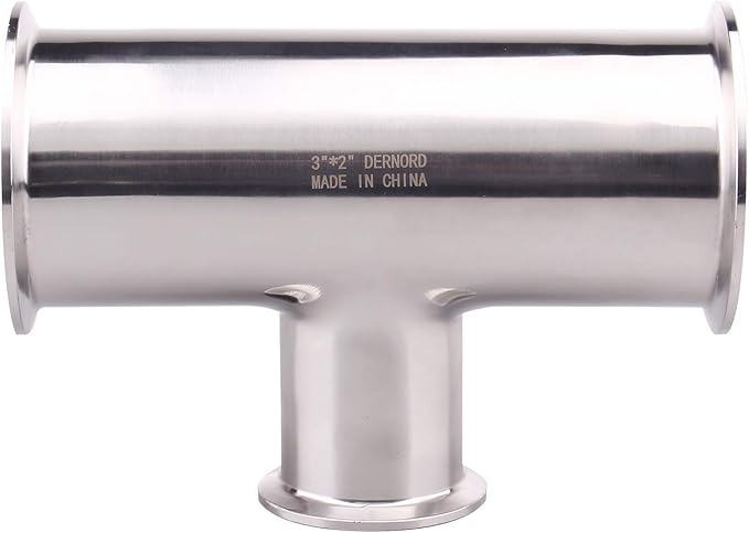 DERNORD Reducing Clamp Tee 3 Way Stainless Steel 304 Sanitary Fitting (3 inch x 3 inch x 2 inch)