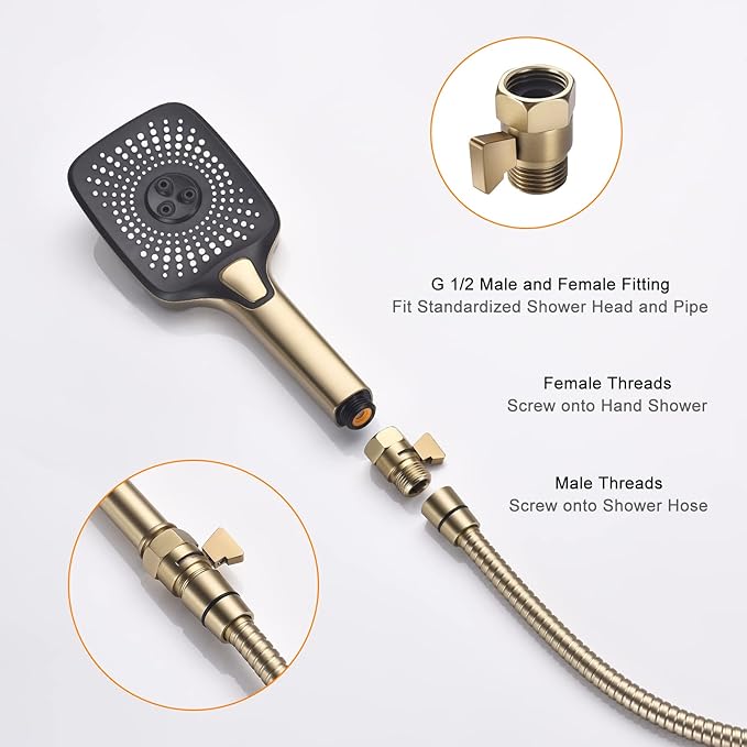 Brushed Gold Shower Head Shut Off Valve, 1/2" NPT Flow Control Valve, Brass Water Pressure Regulator