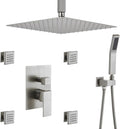 Rain Shower System With Complete 4 Pcs Body Sprays Jets And Pressured Balance Rough-in Valve,12Inch Rainfall Shower Head And Handheld Modern Brushed Nickel Ceiling Mount Shower Faucet Sets