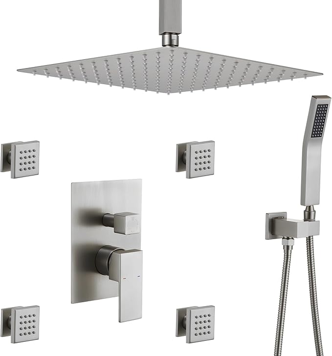 Rain Shower System With Complete 4 Pcs Body Sprays Jets And Pressured Balance Rough-in Valve,12Inch Rainfall Shower Head And Handheld Modern Brushed Nickel Ceiling Mount Shower Faucet Sets