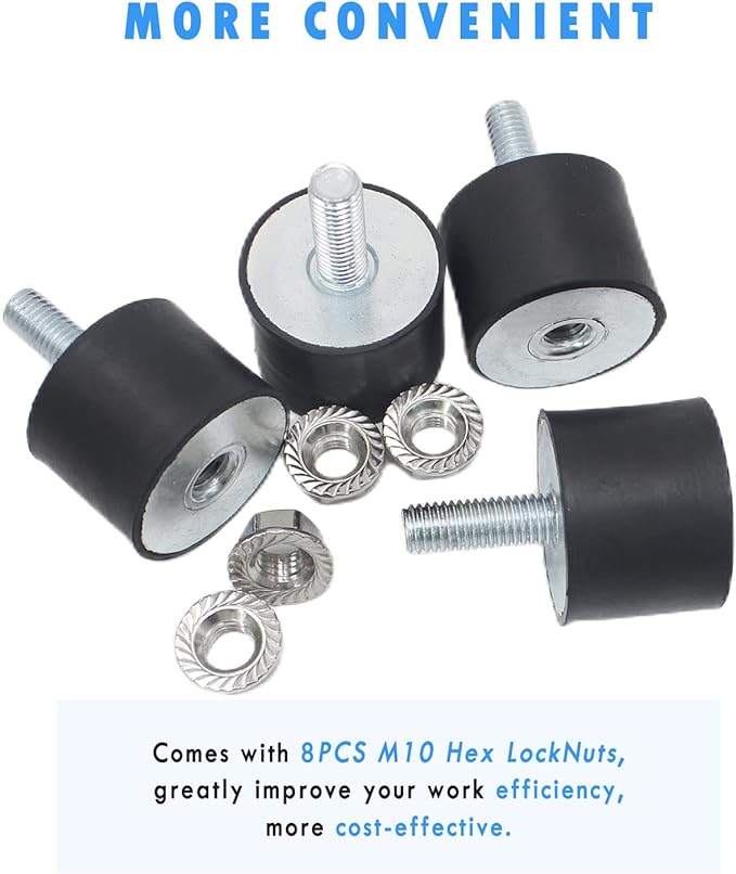 M10 Rubber Studs Shock Absorber Anti-Vibration Isolator Mounts, Rubber Cylindrical Vibration Isolation Mount for Air Compressors Garage Motor Diesel Engines with Non-Slip Nuts, 4 Pack Double Stud
